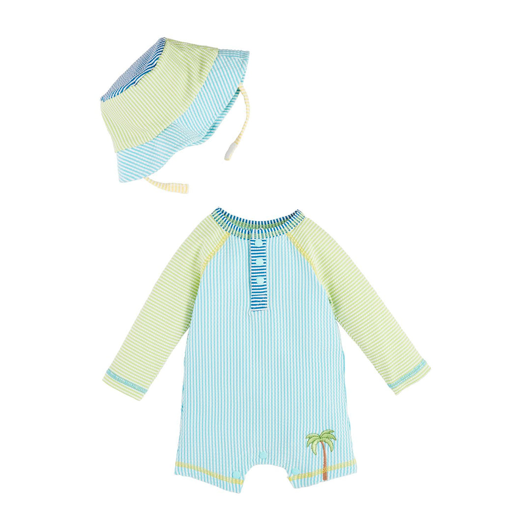 Seersucker Rashguard One-Piece & Hat Set