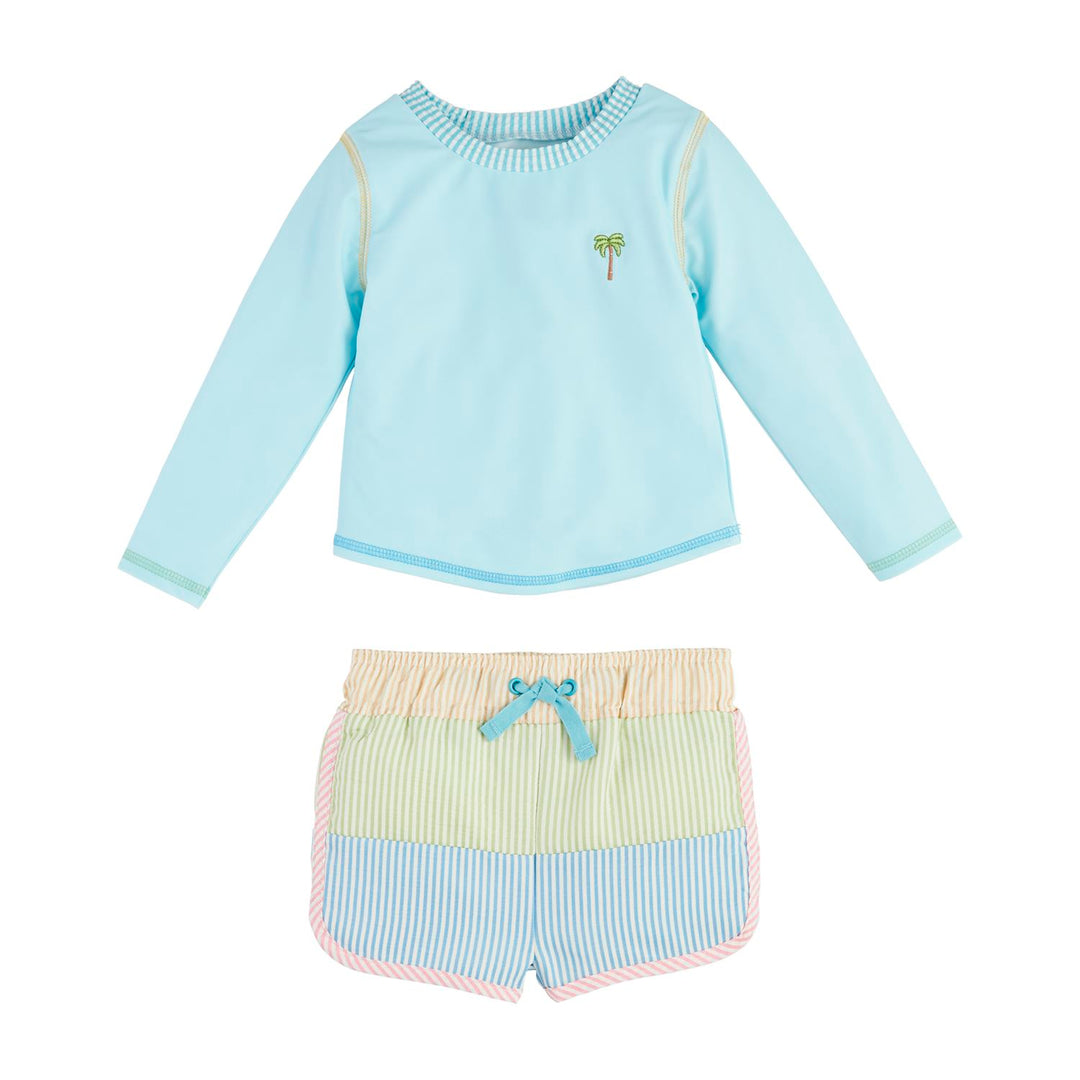 Seersucker Rashguard & Swim Trunks Set