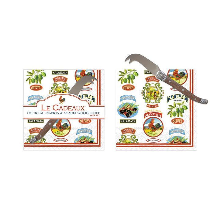 Vintage Olive Allover Cocktail Napkins & Mini Laguiole Cheese Knife Gift Set