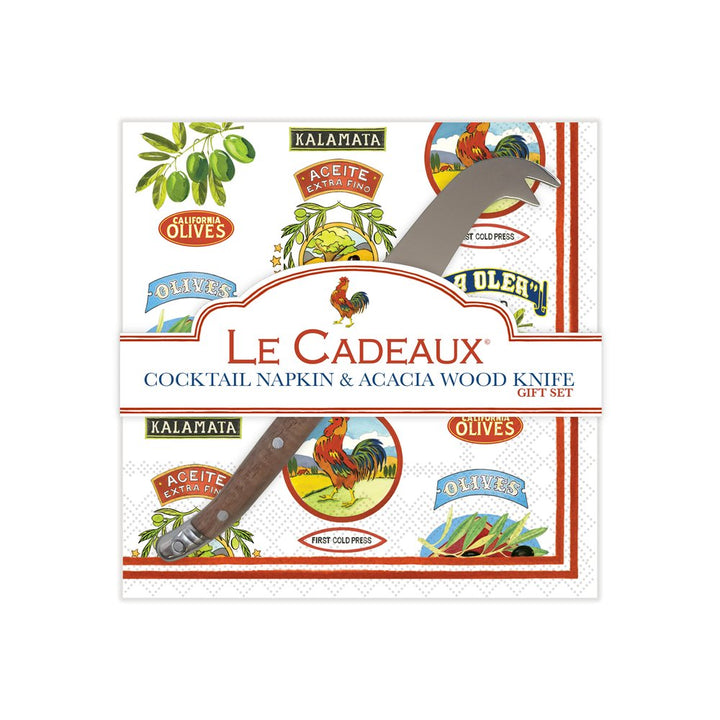 Vintage Olive Allover Cocktail Napkins & Mini Laguiole Cheese Knife Gift Set