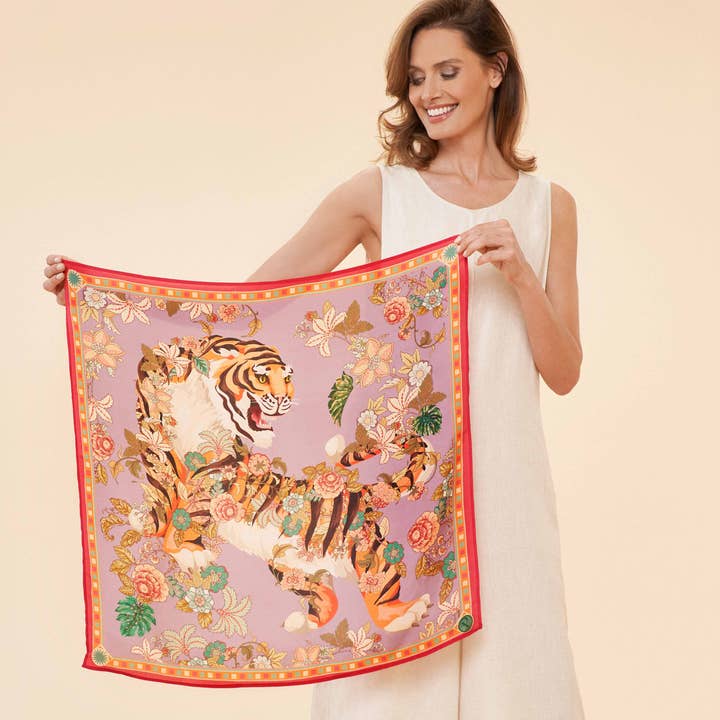 Prancing Tiger Silk Scarf - Lilac