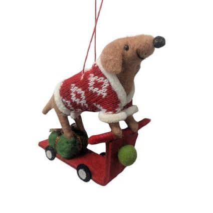 Brown Dog Riding Scooter Felt Ornament