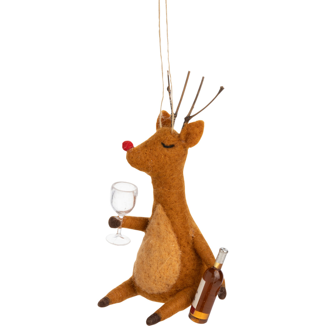 Reindeer With Wine Bottle And Glass Felt Ornament