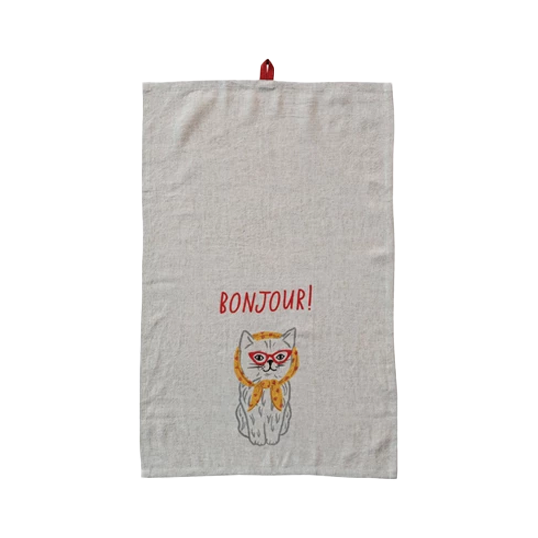 French Saying Animal Linen Tea Towel - Bonjour!