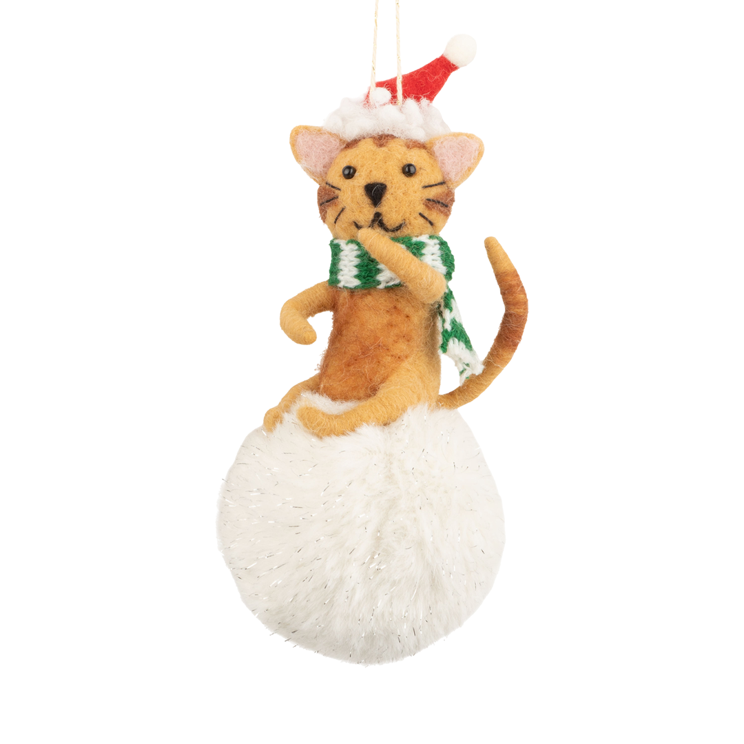 Cat On Snowball Felt Ornament - Orange Cat