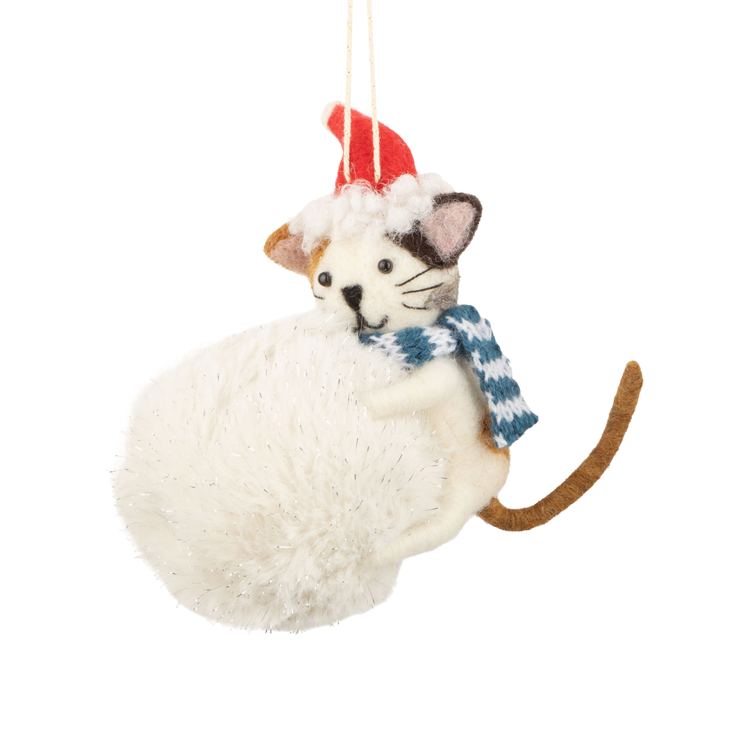 Cat On Snowball Felt Ornament - White Cat