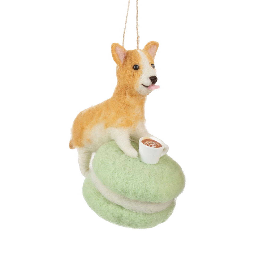 Dog With Macaroon Felt Ornament - Green