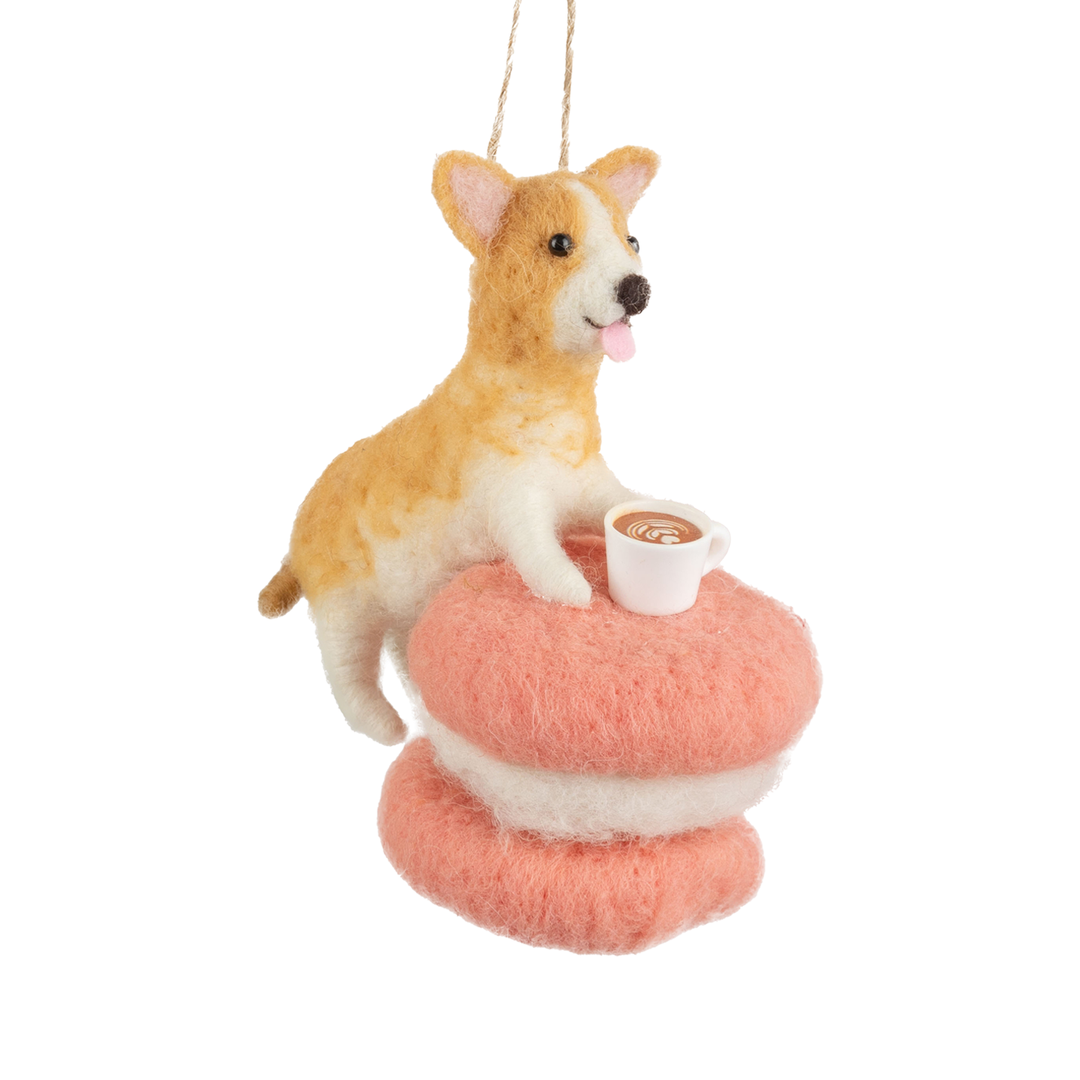 Dog With Macaroon Felt Ornament - Pink