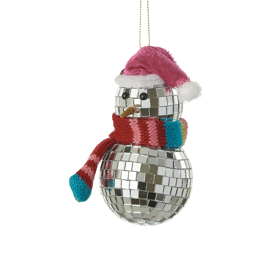 Disco Ball Snowman Ornament - Santa Hat