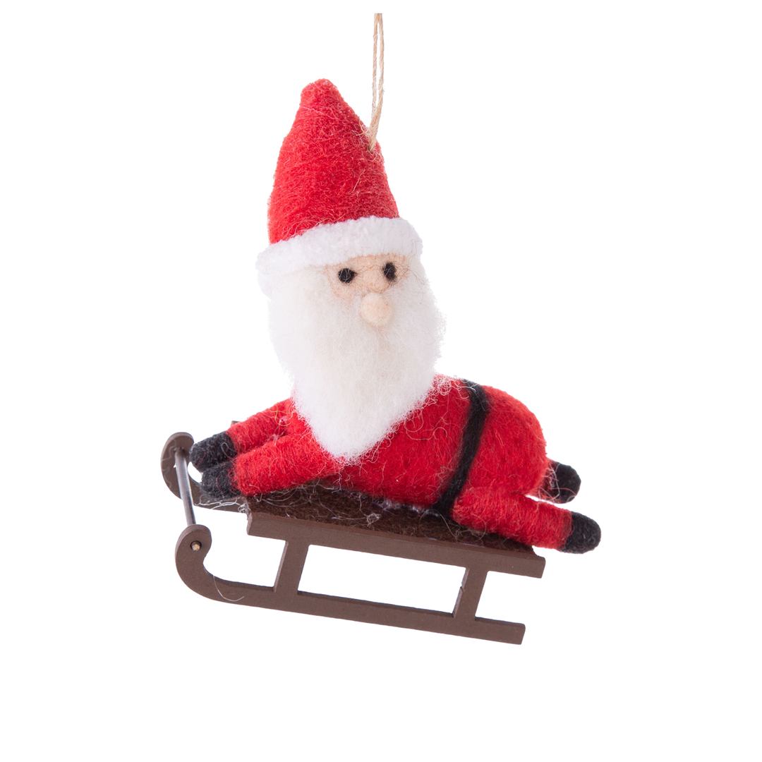Santa On Wood Toboggan Felt Ornament