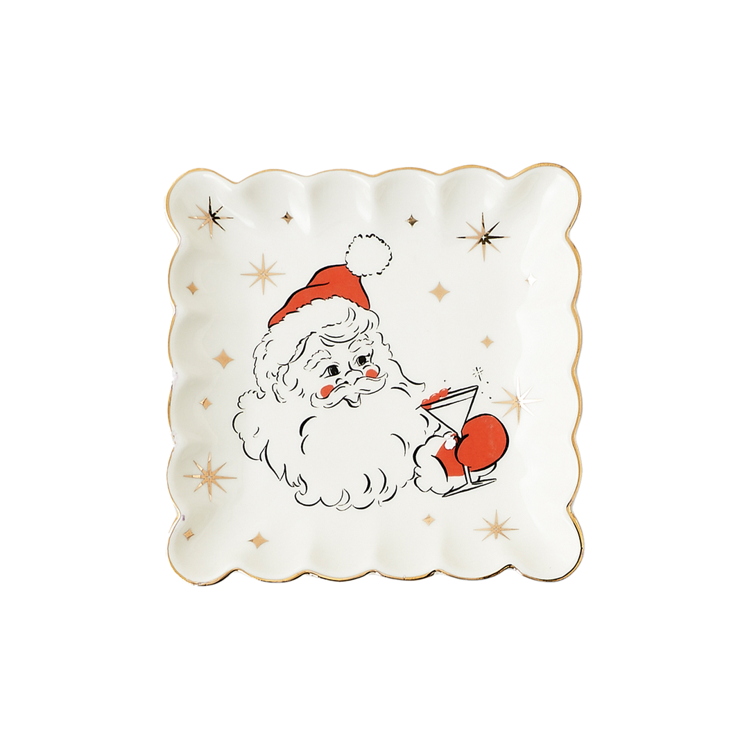 Holiday Cheers Scalloped Square Plate - Santa Drinking