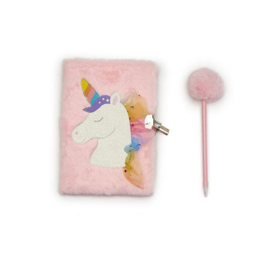 Glitter Unicorn Journal With Lock And Pom Pom Pen - Pink