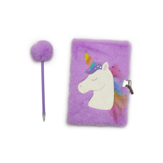 Glitter Unicorn Journal With Lock And Pom Pom Pen - Purple