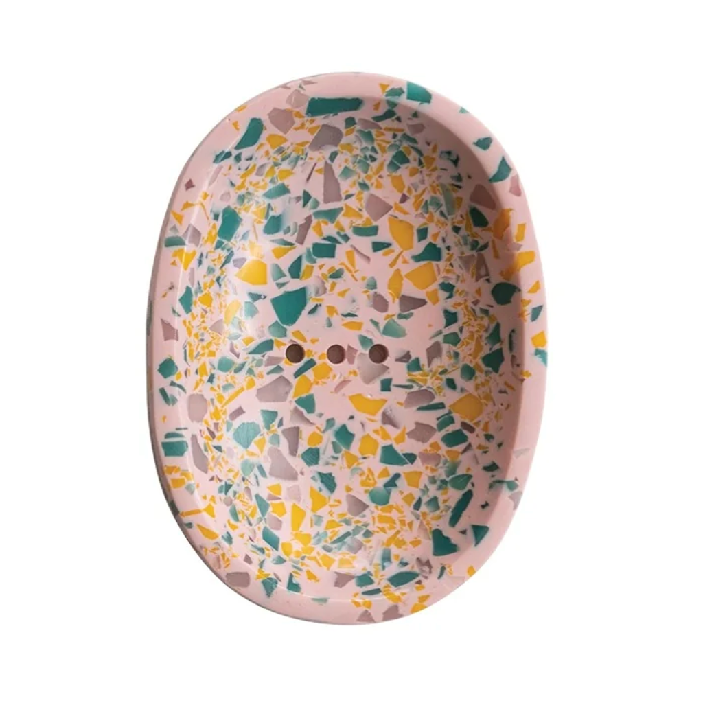 Terrazo Finish Resin Soap Dish - Pink With Yellow & Teal