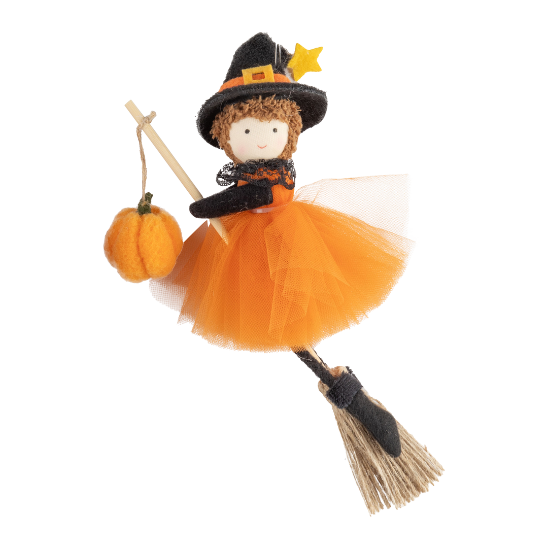 Witch On Broomstick Felt Ornament - Orange
