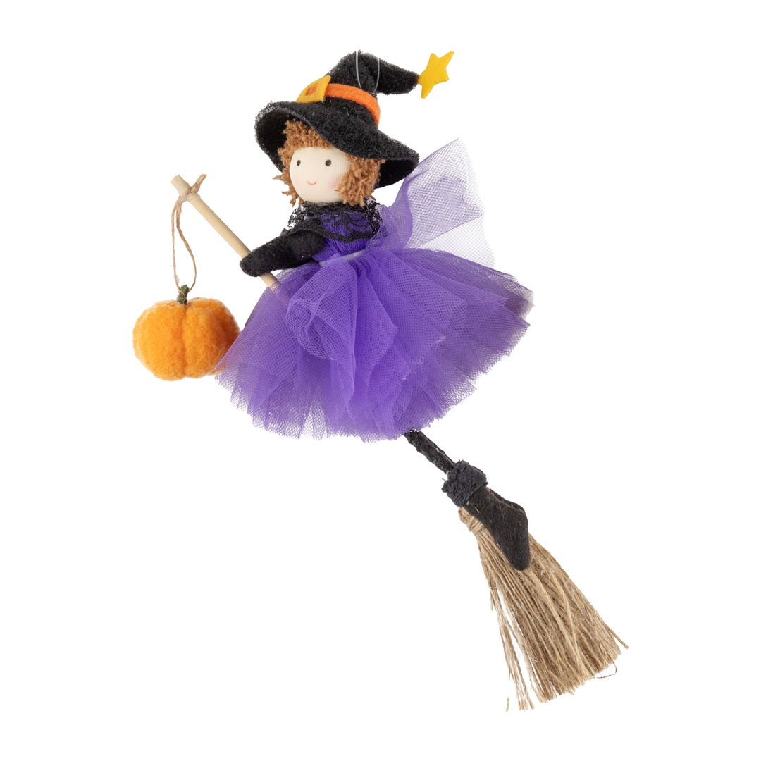 Witch On Broomstick Felt Ornament - Purple