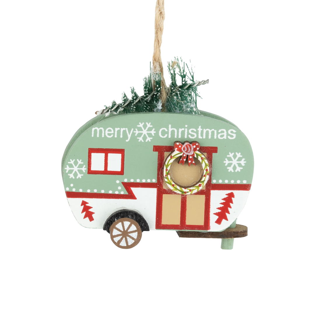 Painted Wood Camper Ornament - Green