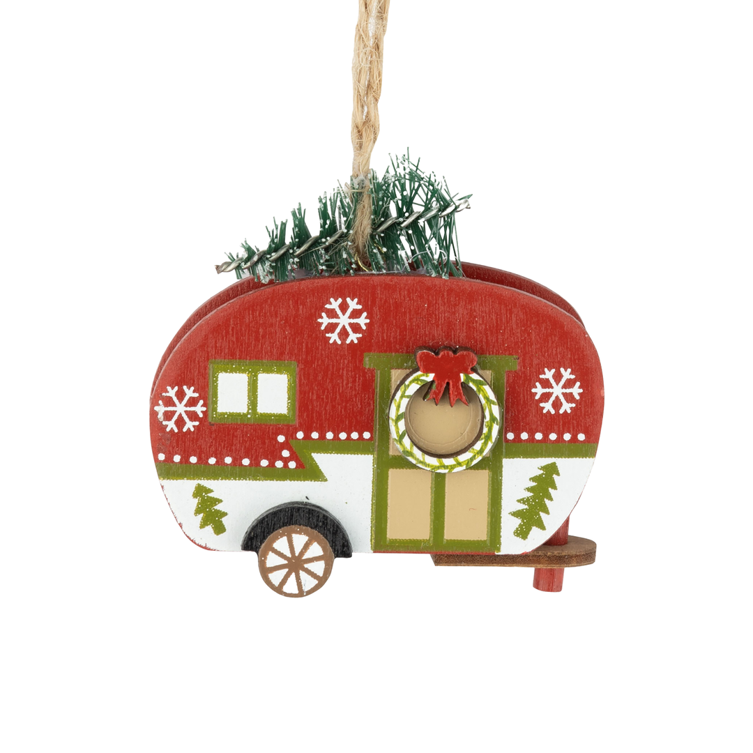 Painted Wood Camper Ornament - Red