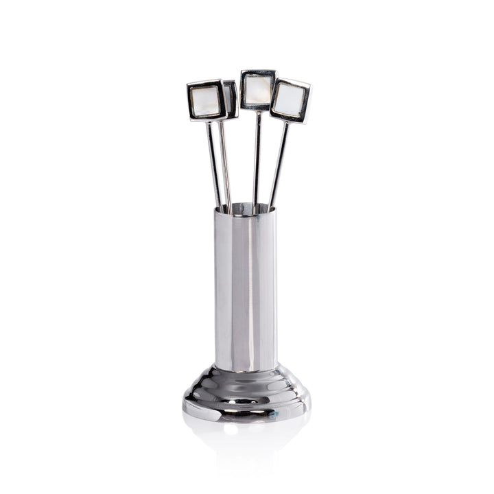 Spiga Polished Nickel Cocktail Picks With Stand - Mother Of Pearl