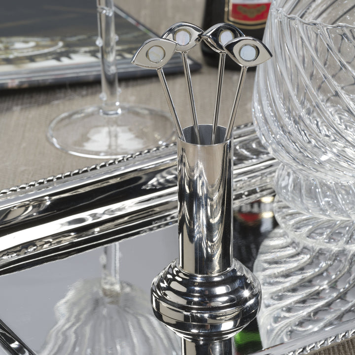 Evil Eye Polished Nickel Cocktail Picks With Stand - Mother Of Pearl