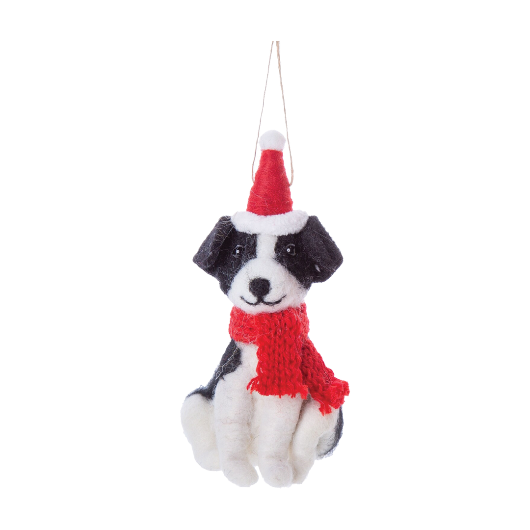Felt Sitting Dog With Santa Hat Ornament - Black