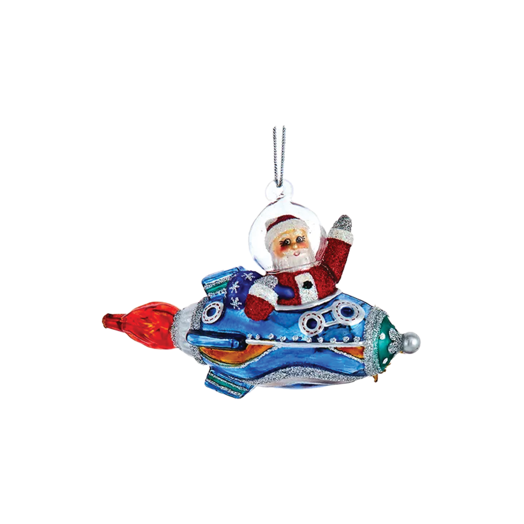 Santa In A Rocketship Ornament - Blue