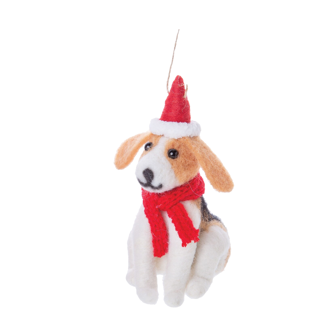Felt Sitting Dog With Santa Hat Ornament - Brown