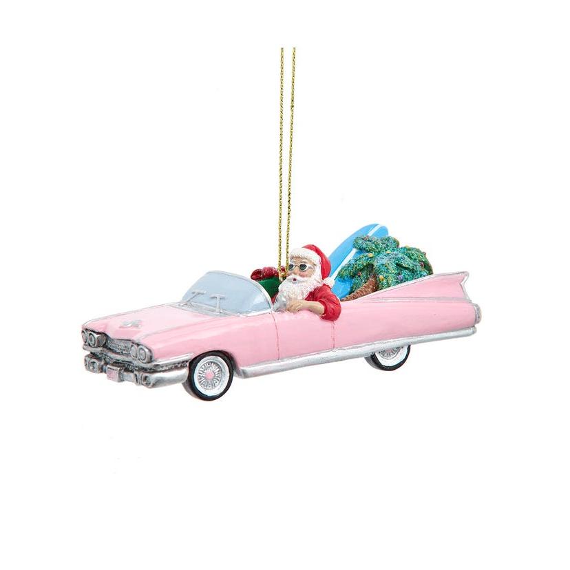 Santa In Pink Cadillac Ornament