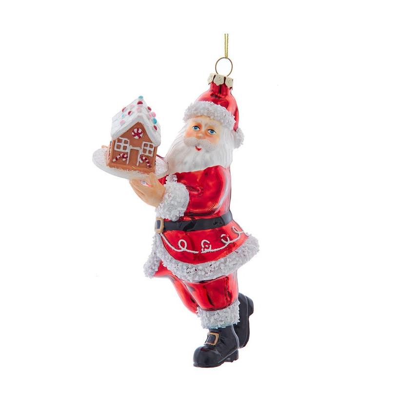 Santa Holding Gingerbread House Ornament