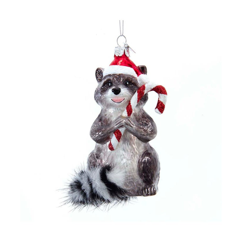 Racoon With Candy Cane Glass Ornament