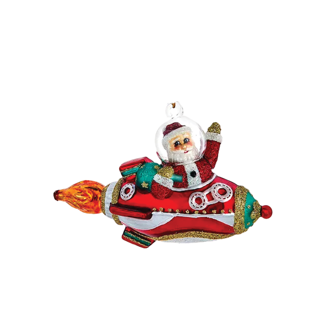 Santa In A Rocketship Ornament - Red