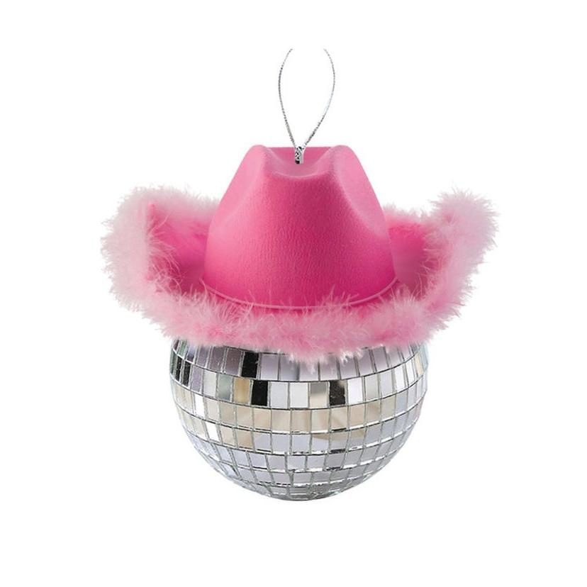Silver Mirror Ball With Pink Cowboy Hat Ornament