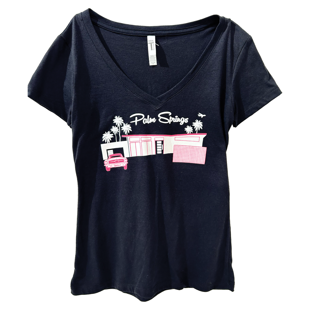Twin Palms Ladies V-Neck T-Shirt - Black/Hot Pink 2022