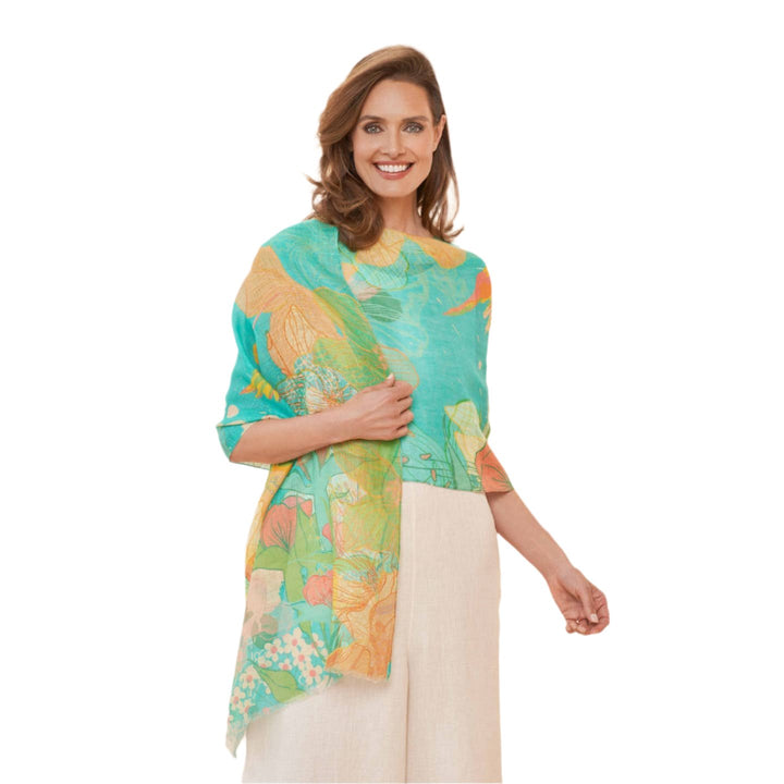 Hummingbird Aqua Linen Scarf