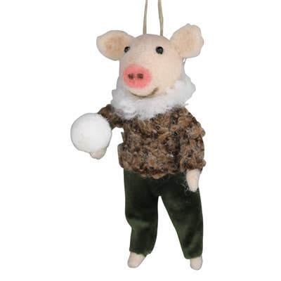 Pig Throwing Snowball Felt Ornament