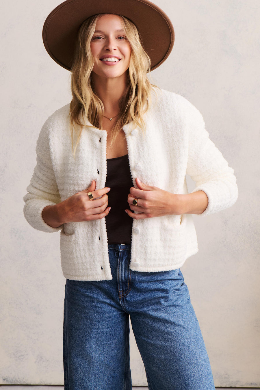 CozyChic® Textured Button Front Cardigan - Pearl
