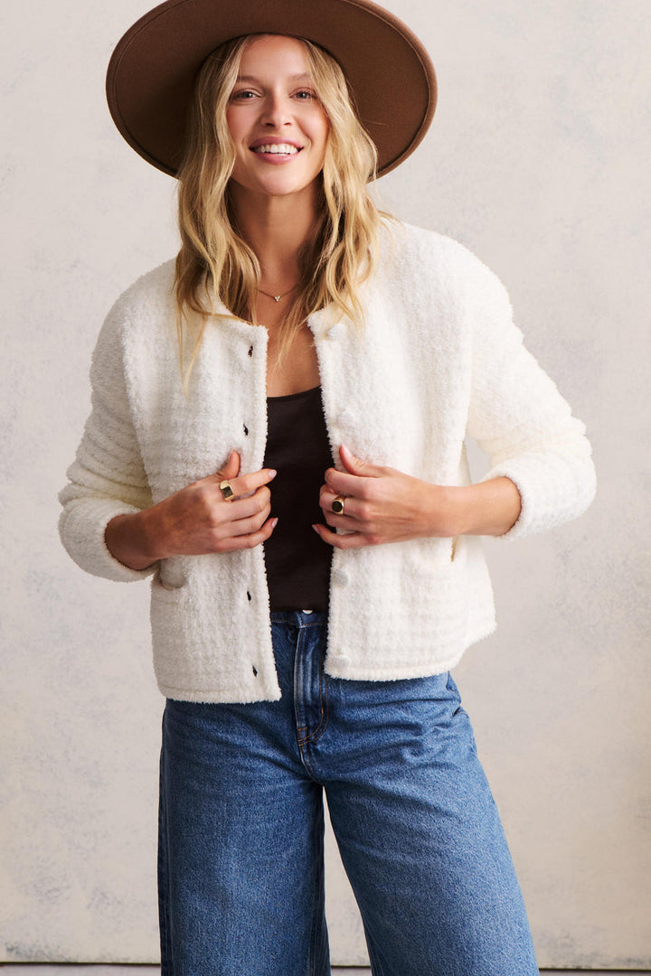 CozyChic® Textured Button Front Cardigan - Pearl