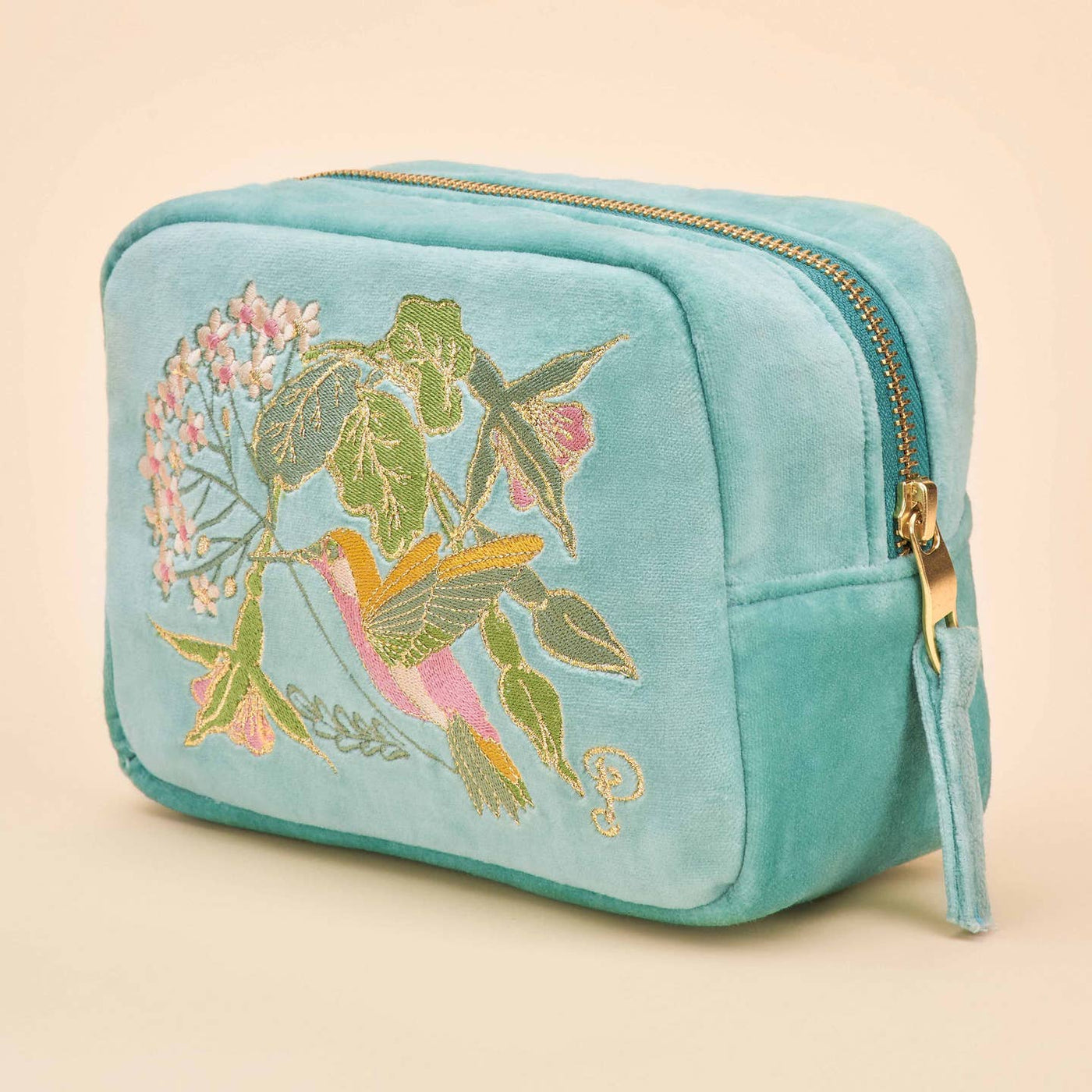 Humingbird Velvet Embroidered Makeup Bag