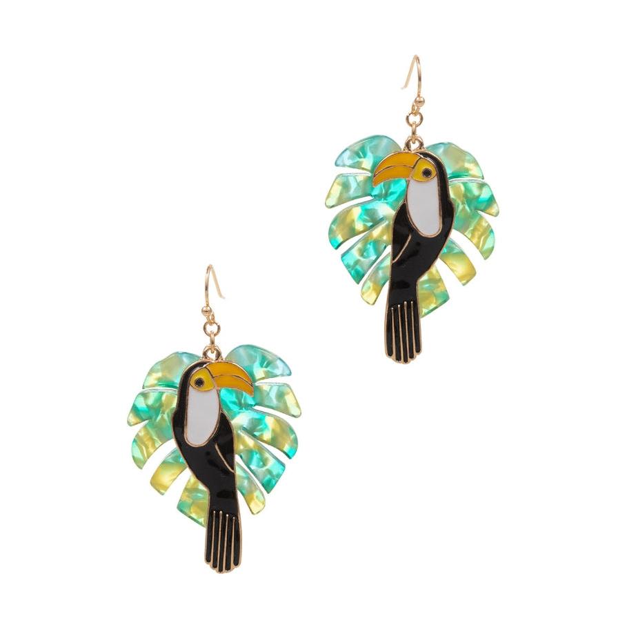 Toucan Bird With Acetate Summer Earrings - Turquoise