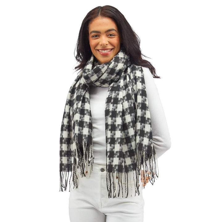 Black & White Checkered Scarf With Fringe