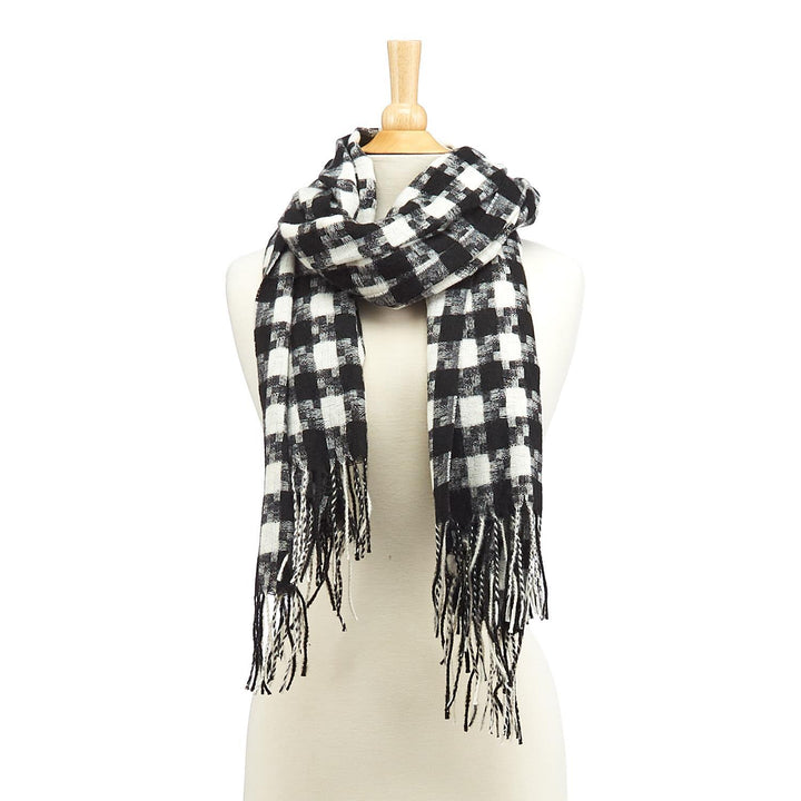 Black & White Checkered Scarf With Fringe