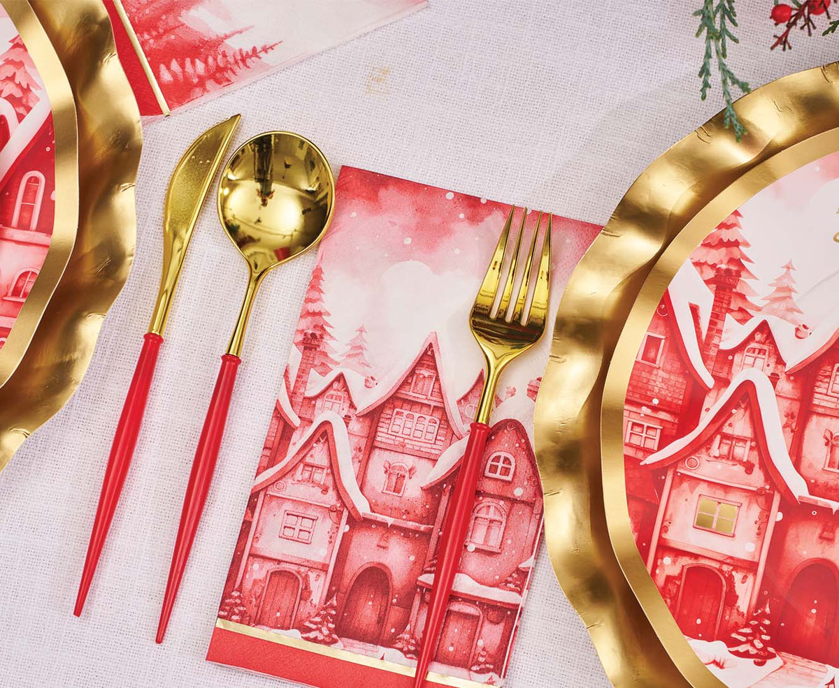 Red & Gold Bella Plastic Cutler - 24pc, Service For 8