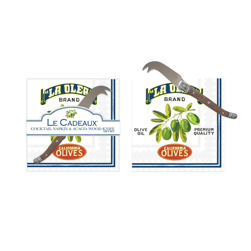 Vintage Olive Italy & California Cocktail Napkins & Mini Laguiole Cheese Knife Gift Set