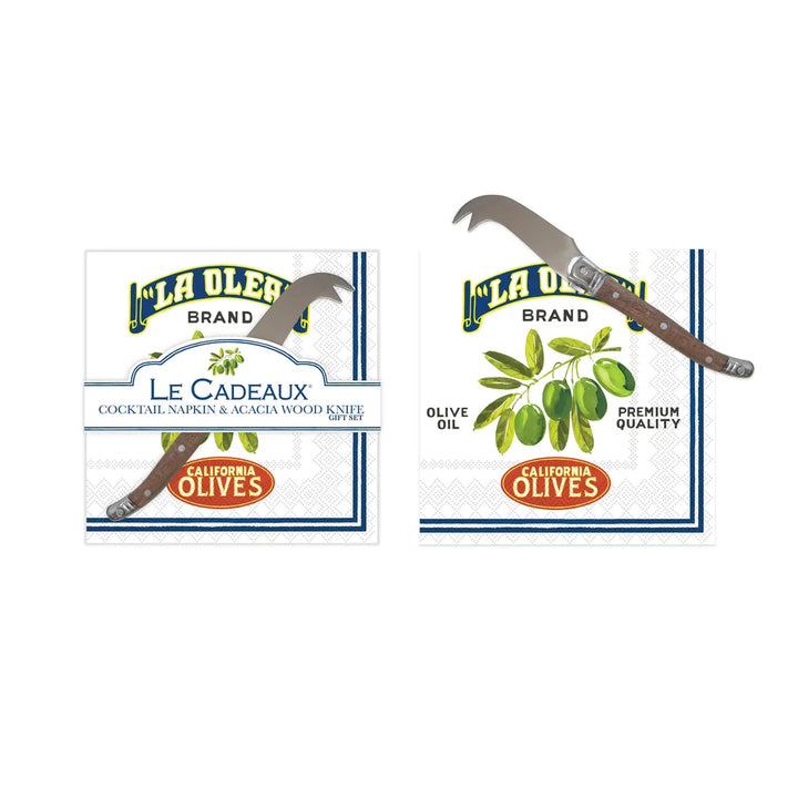 Vintage Olive Italy & California Cocktail Napkins & Mini Laguiole Cheese Knife Gift Set