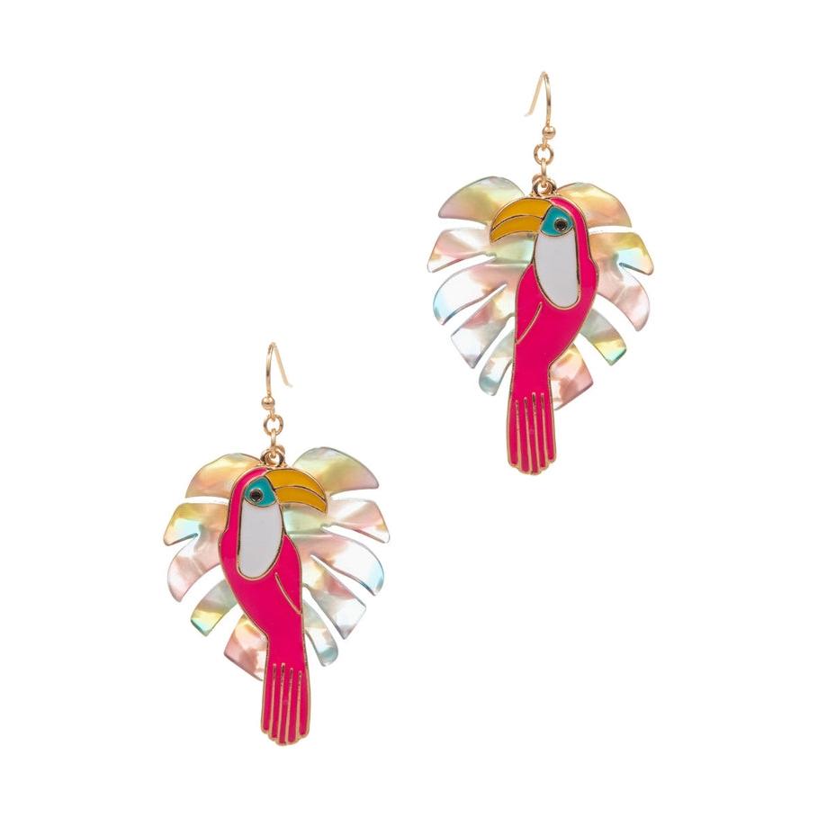 Toucan Bird With Acetate Summer Earrings - Hot Pink