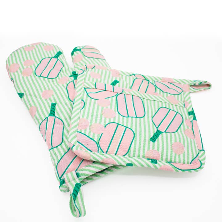 Pickleball Striped Oven Mitt & Potholder Set