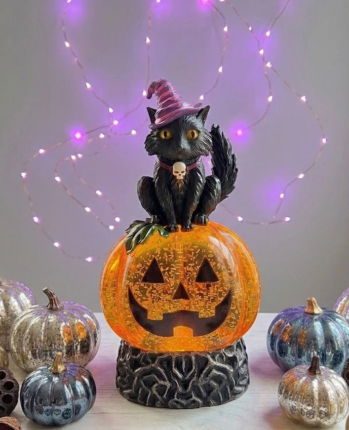 Lighted Spinning Water Globe Pumpkin w/ Cat & Timer