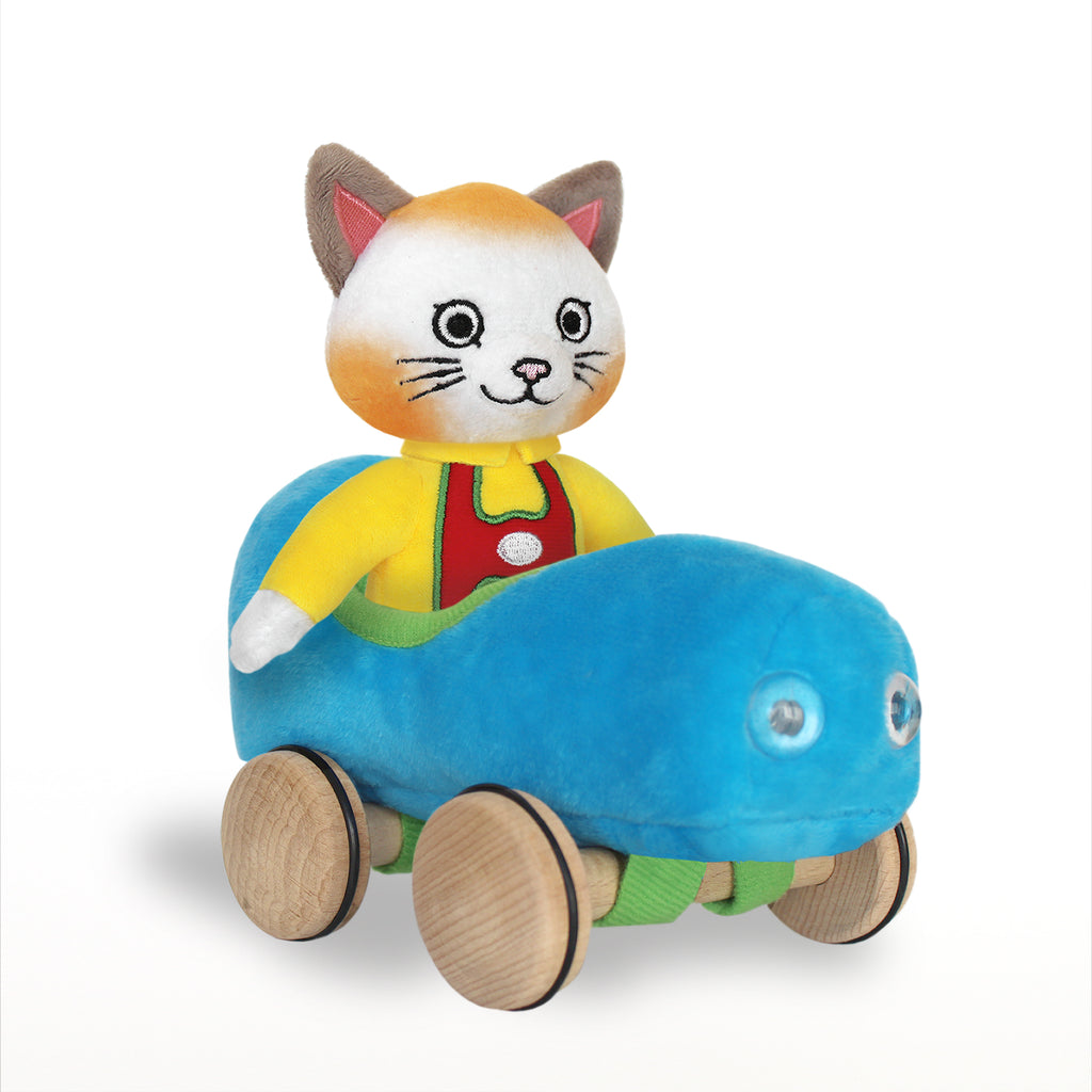 Huckle Cat Soft Toy With Blue Car