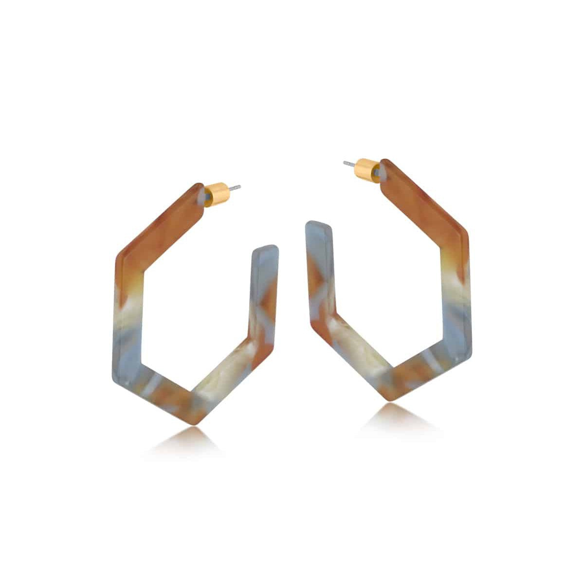 Kathryn Hexagon Statement Hoop Resin Earrings - Grey/Brown