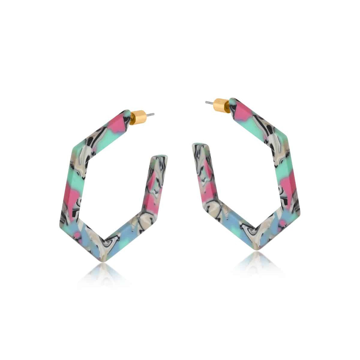 Kathryn Hexagon Statement Hoop Resin Earrings - Pink/Blue